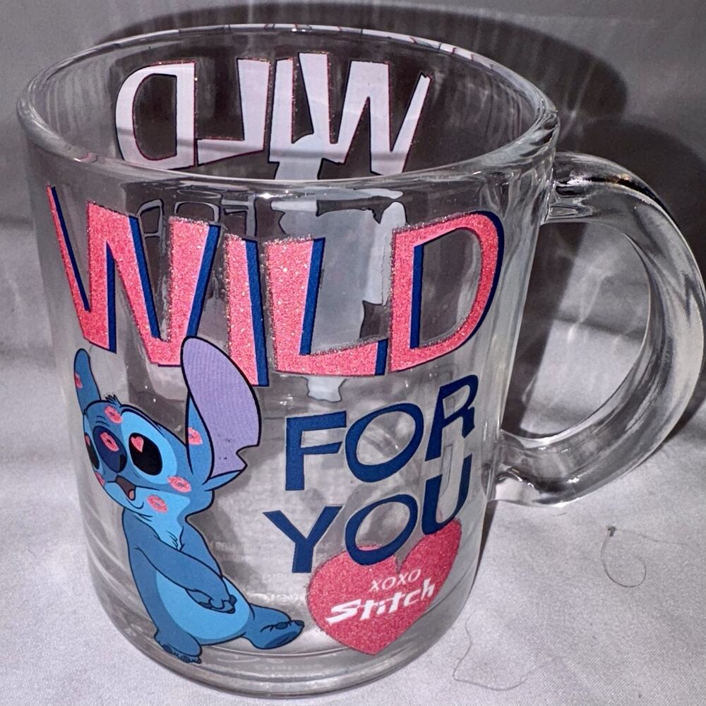 DISNEY’S LILO & STITCH Wild For You Xoxo Mug Clear Glass Coffee Tea Cup NEW